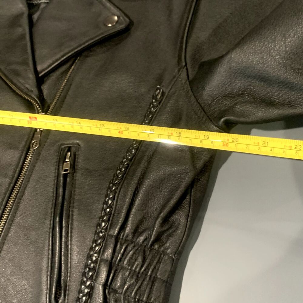 Black Genuine Leather Asymmetrical Zip Moto Jacket Braided Detail Womens Large - Picture 8 of 13